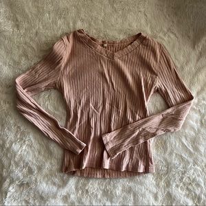 Pink Ribbed Long Sleeve Crop Top